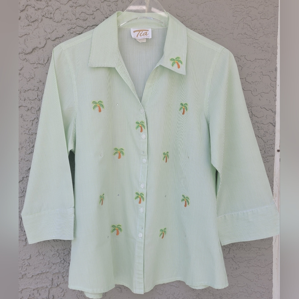Tia Designs 3/4 sleeves coconut tree patches button down shirt size Large